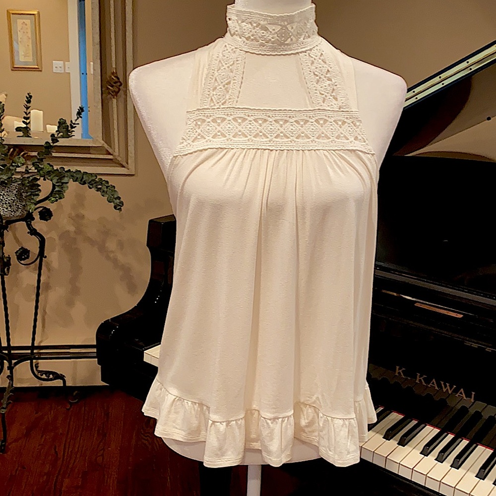 American Rag Cream Crochet Lace & Ruffle Top